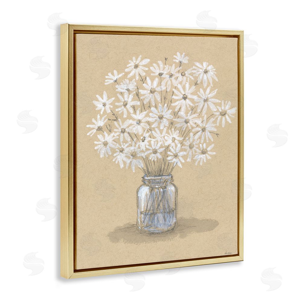 Patti Bishop Daisies Jar Drawing Gold Floating Frame Canvas Wall Art Print