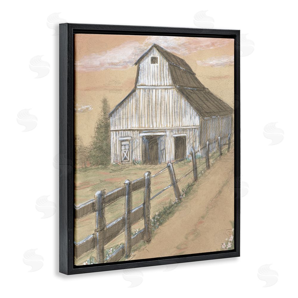 Patti Bishop Barn Fence Drawing Black Floating Frame Canvas Wall Art Print