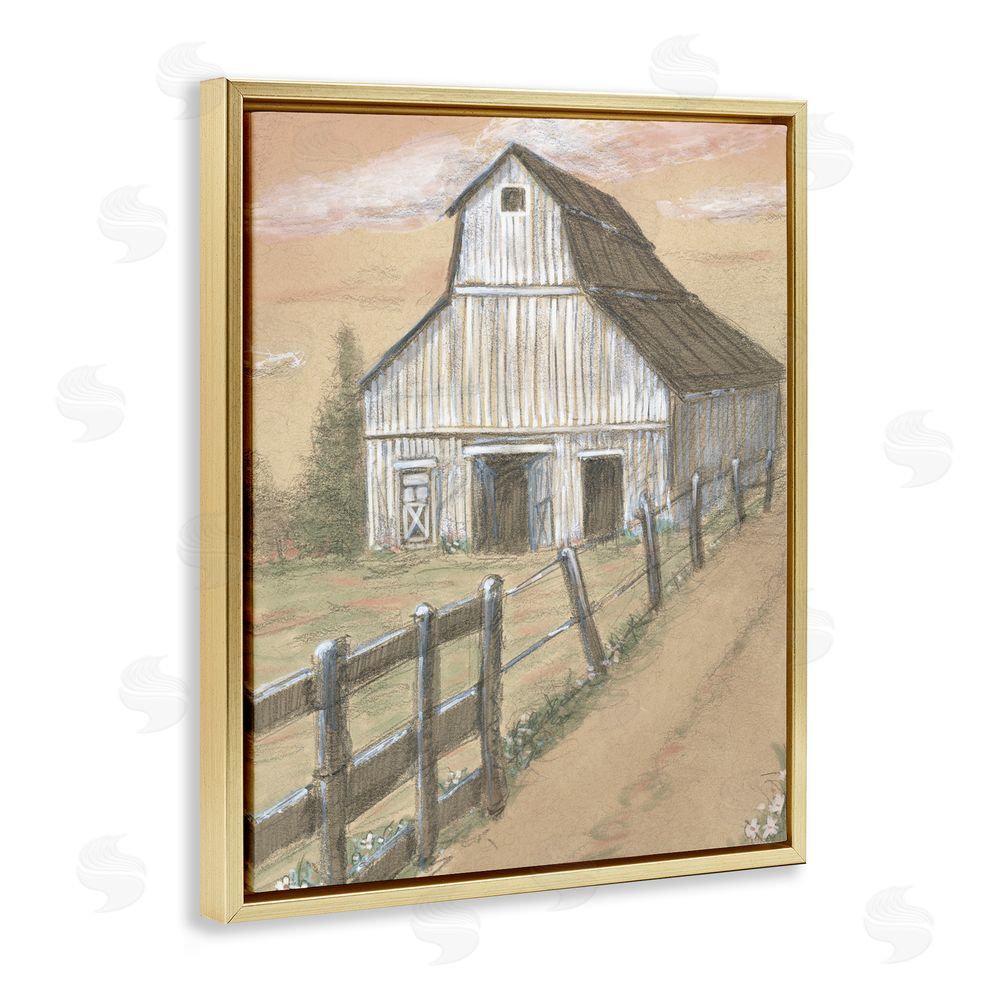 Patti Bishop Barn Fence Drawing Gold Floating Frame Canvas Wall Art Print