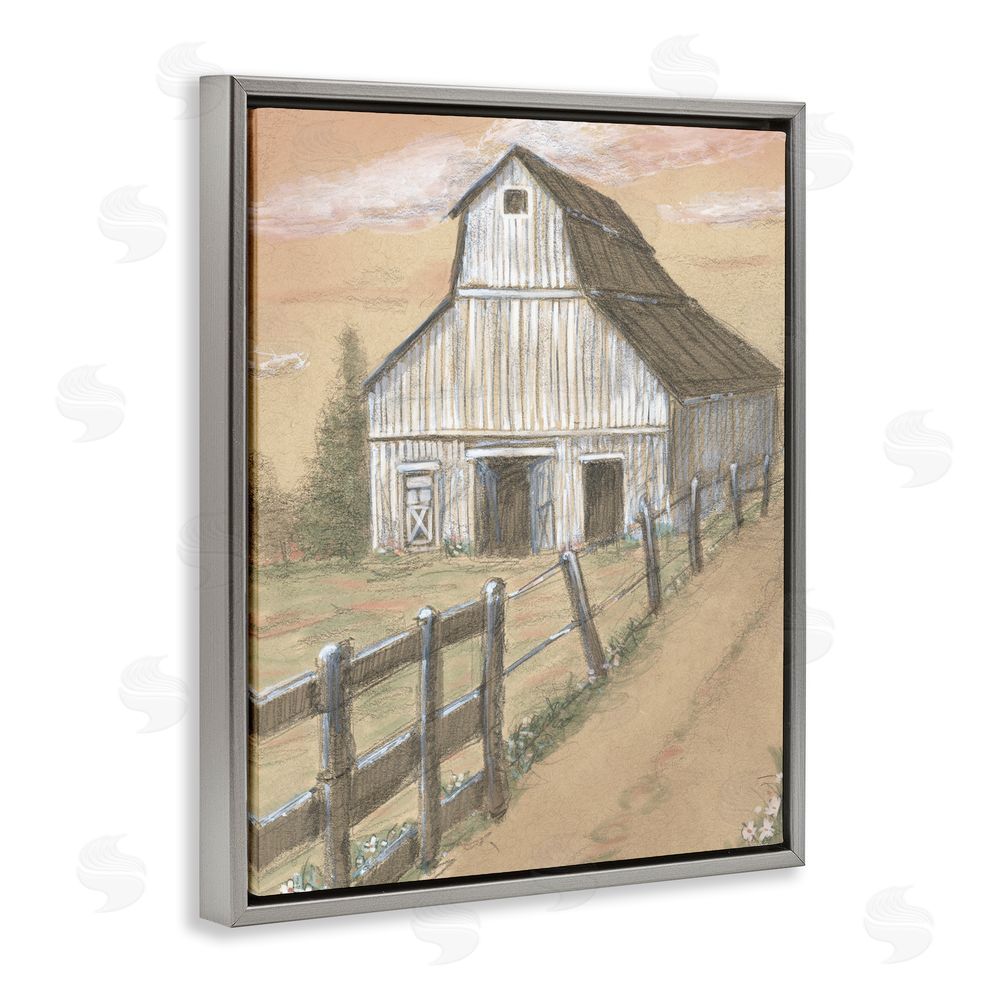 Patti Bishop Barn Fence Drawing Gray Floating Frame Canvas Wall Art Print