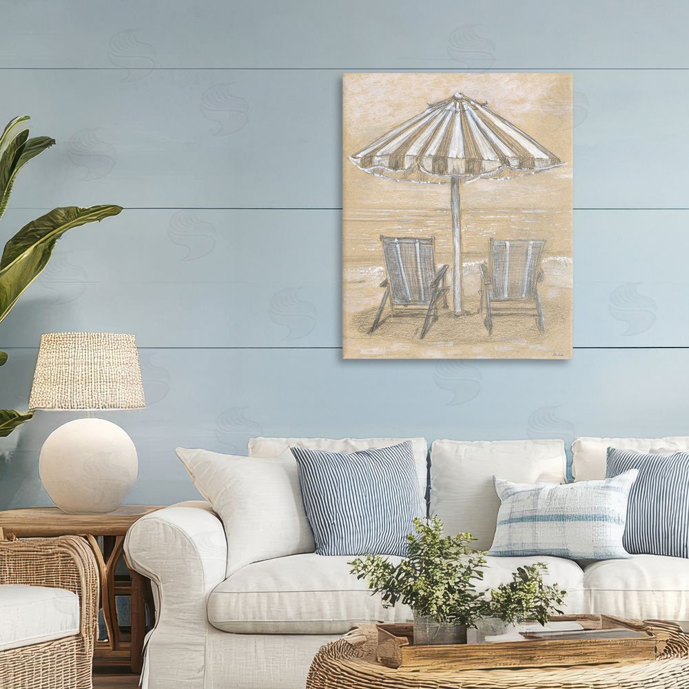 Patti Bishop Umbrella & Chairs Drawing Stretched Canvas Wall Art in Room