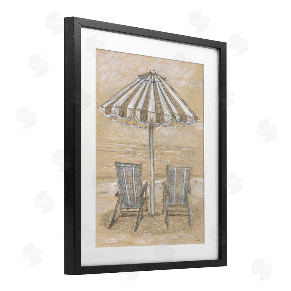 Patti Bishop Umbrella & Chairs Drawing Black Framed Print Under Glass Wall Art