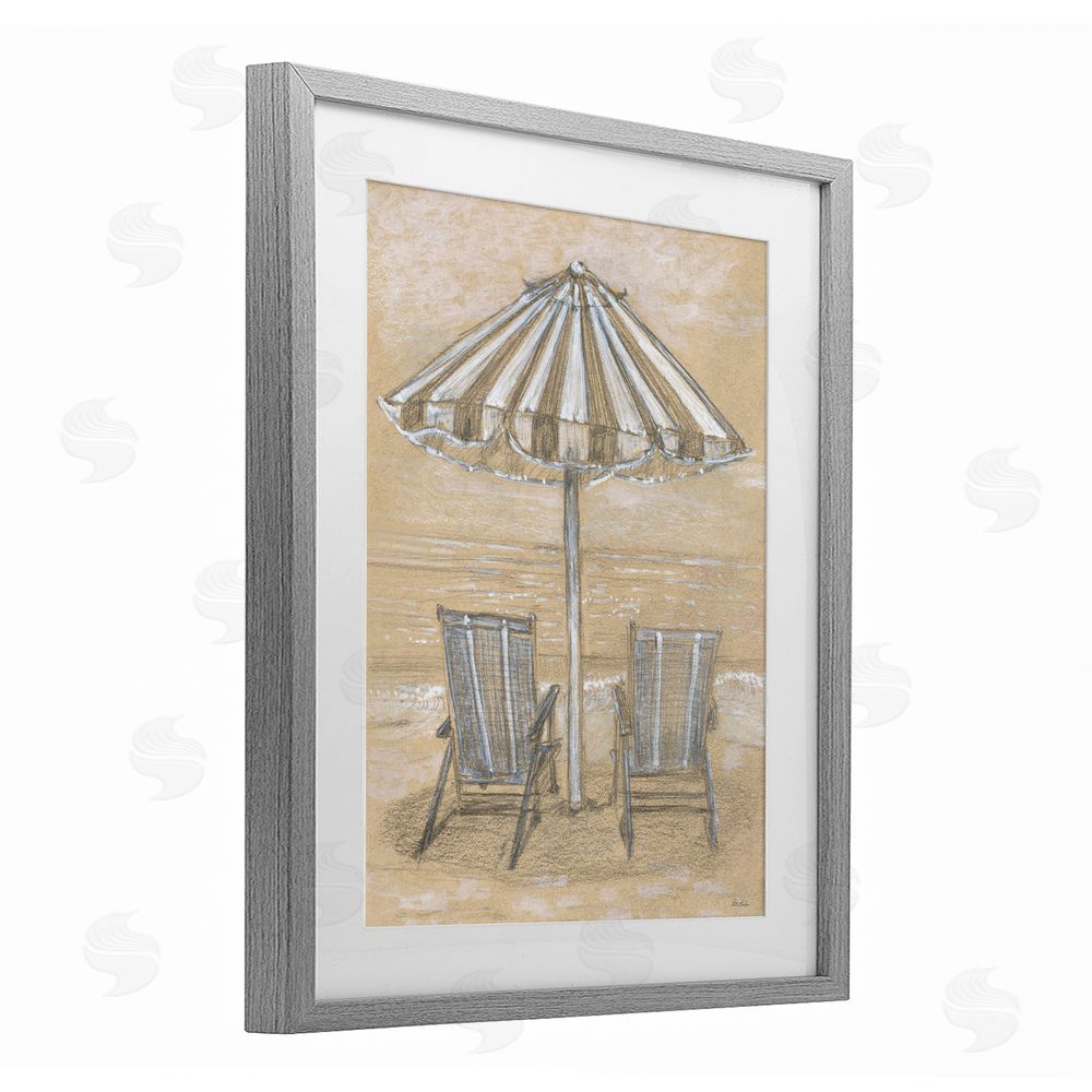Patti Bishop Umbrella & Chairs Drawing Gray Framed Print Under Glass Wall Art