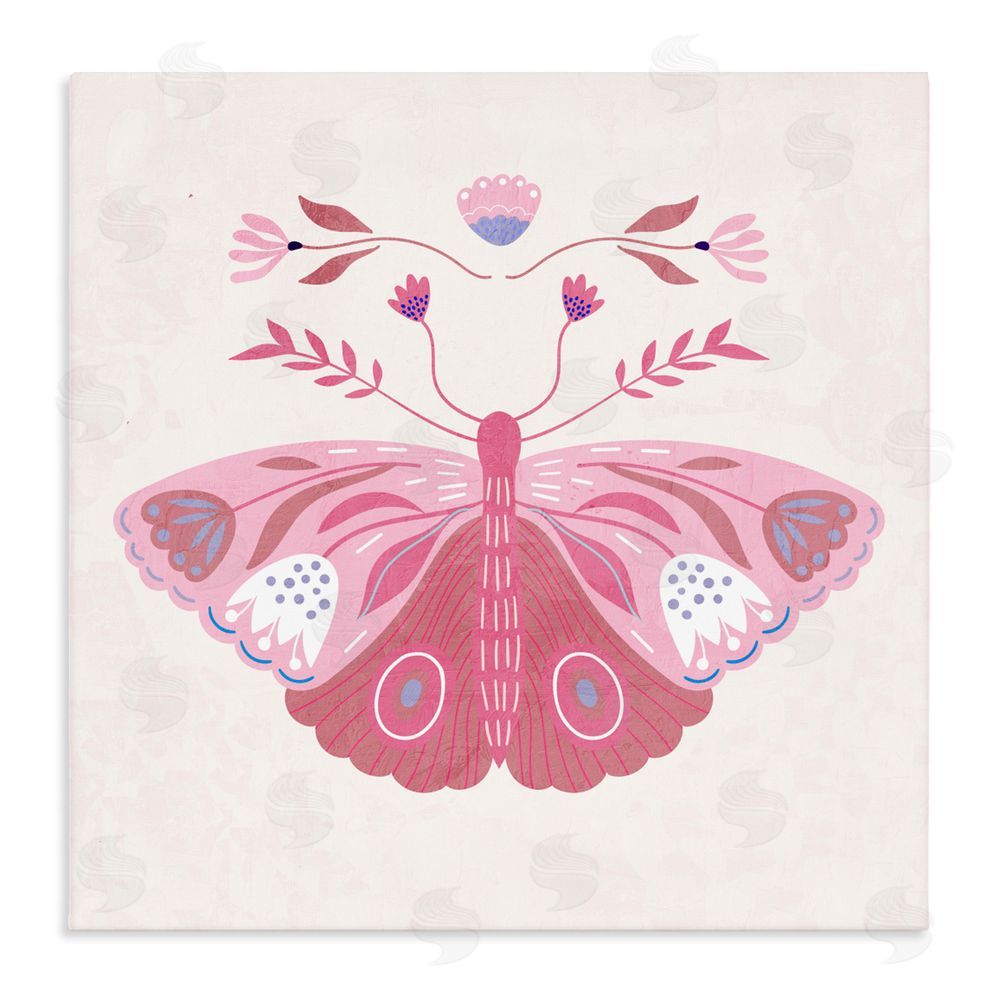 Kim Allen Boho Pink Folk Butterfly Stretched Canvas Wall Art