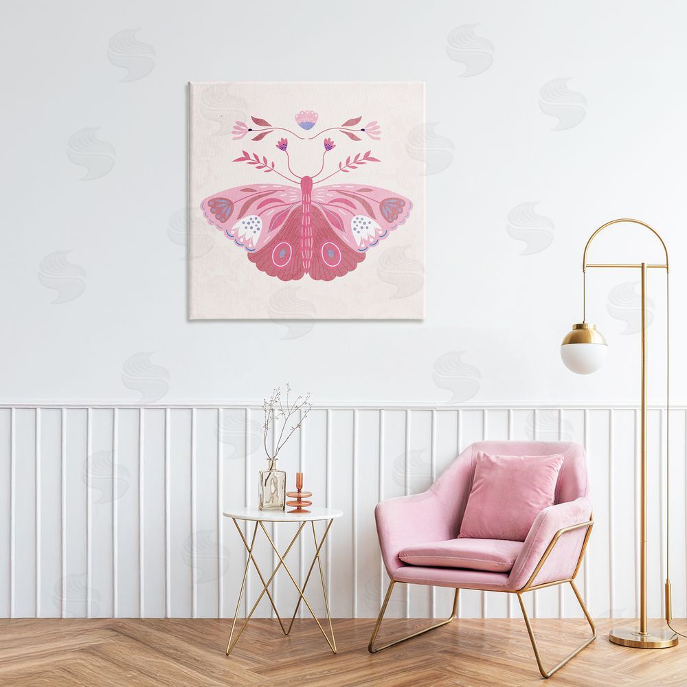 Kim Allen Boho Pink Folk Butterfly Stretched Canvas Wall Art in Room