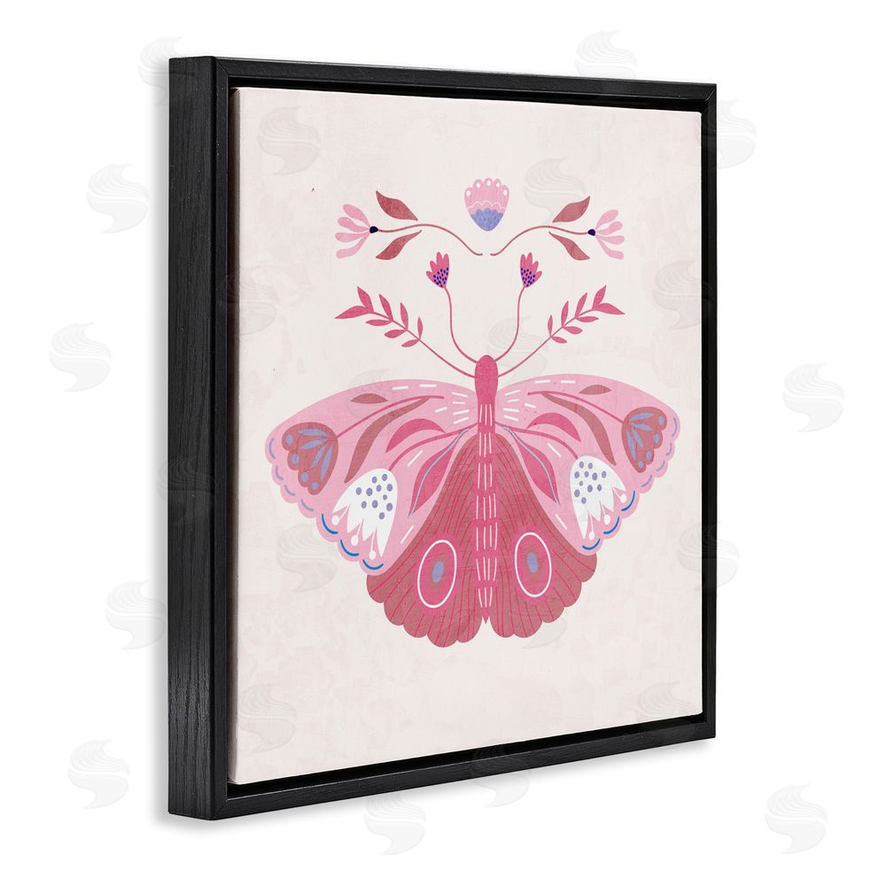 Kim Allen Boho Pink Folk Butterfly Black Floating Frame Canvas Wall Art Print