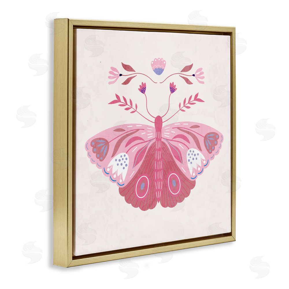 Kim Allen Boho Pink Folk Butterfly Gold Floating Frame Canvas Wall Art Print