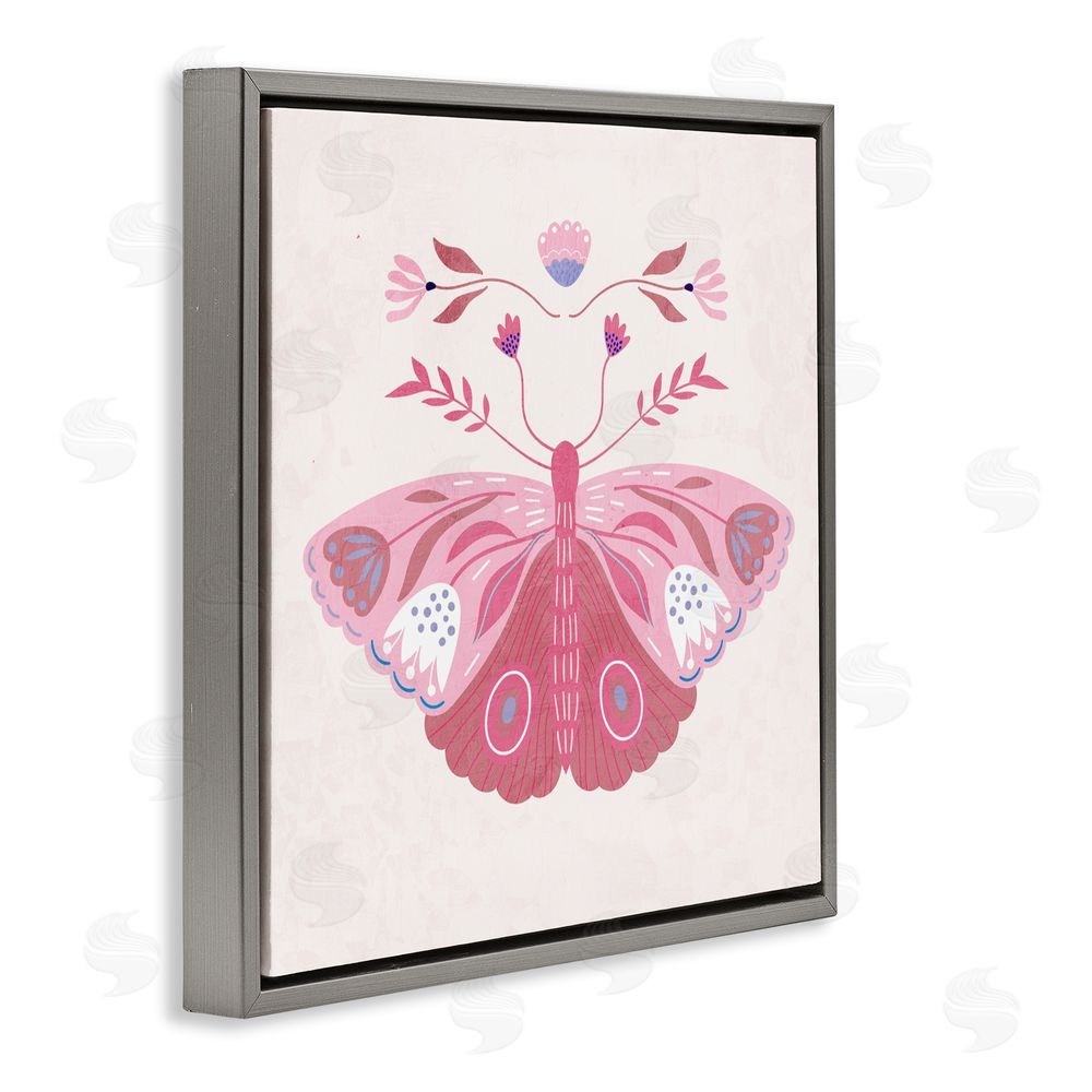 Kim Allen Boho Pink Folk Butterfly Gray Floating Frame Canvas Wall Art Print