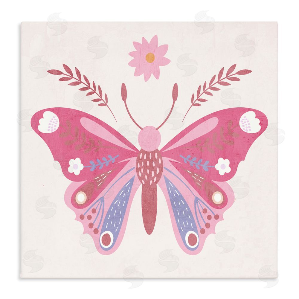 Kim Allen Folk Butterfly in Pink Stretched Canvas Wall Art Print