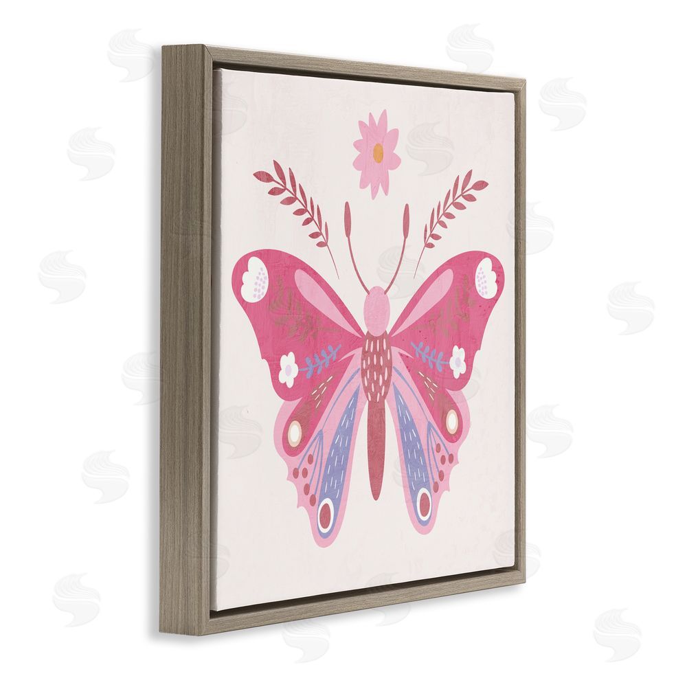 Kim Allen Folk Butterfly in Pink Brown Floating Frame Canvas Wall Art Print