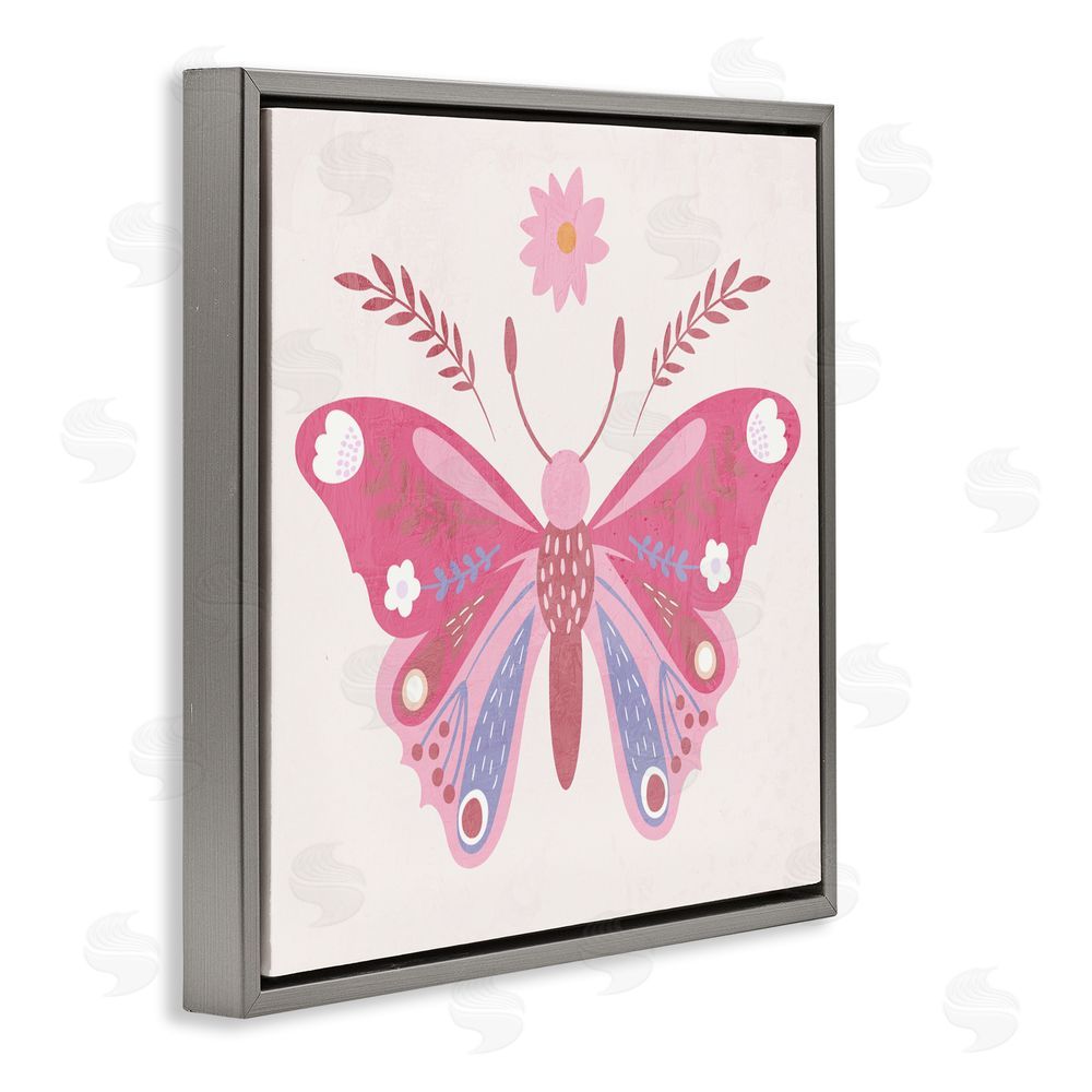 Kim Allen Folk Butterfly in Pink Gray Floating Frame Canvas Wall Art Print
