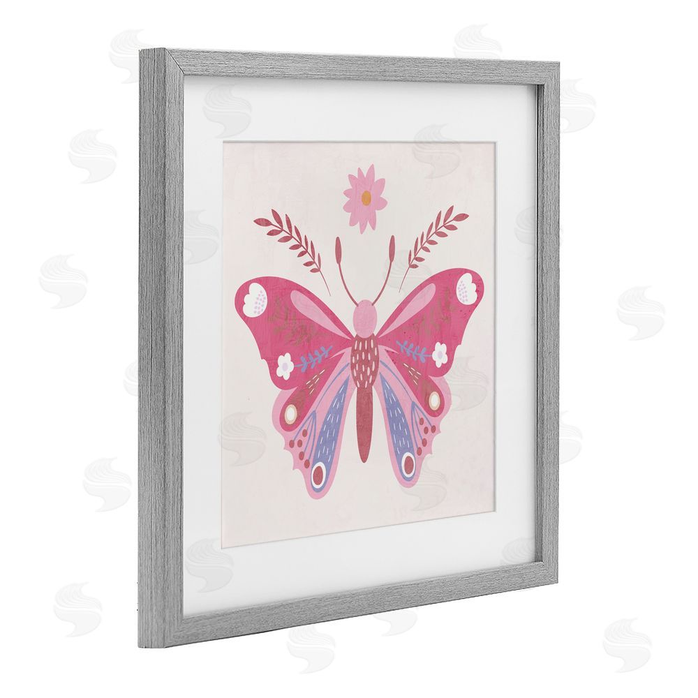 Kim Allen Folk Butterfly in Pink Gray Framed Print Under Glass Wall Art
