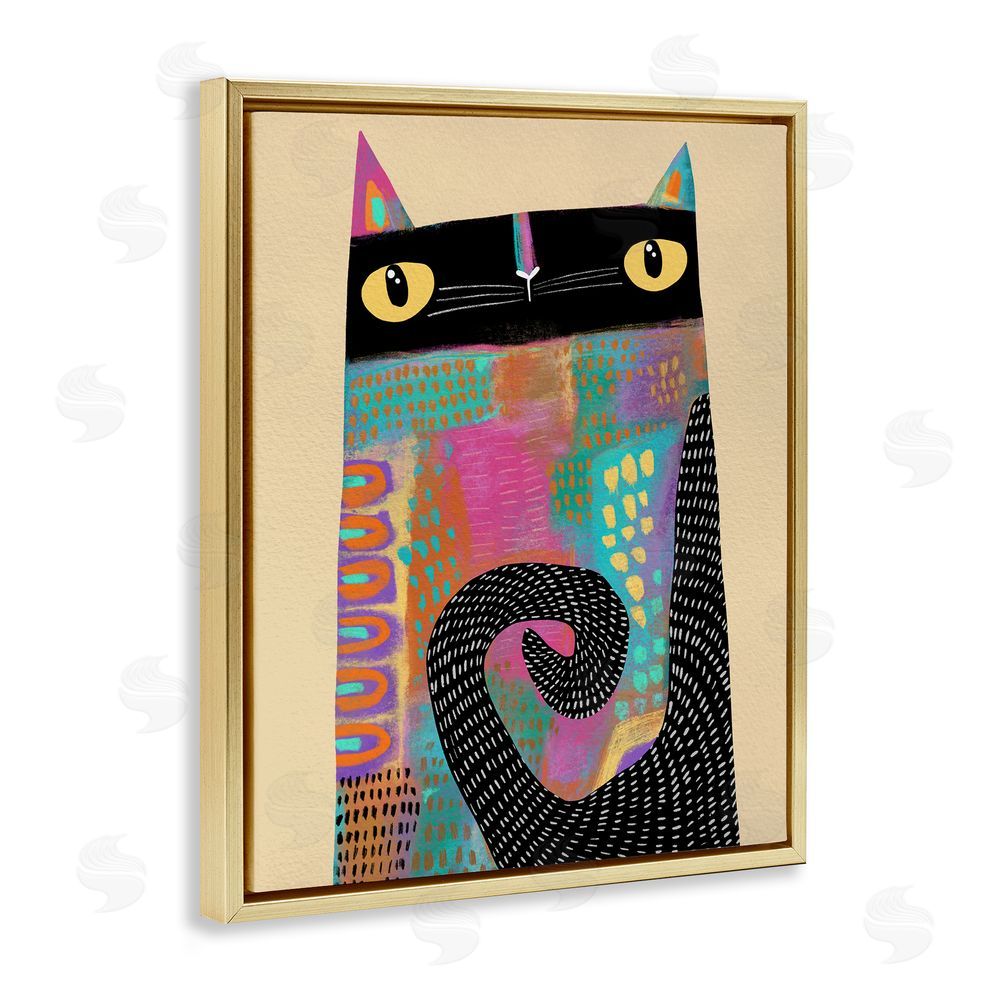 Gabriela Avila Stylized Colorful Cat Gold Floating Frame Canvas Wall Art Print
