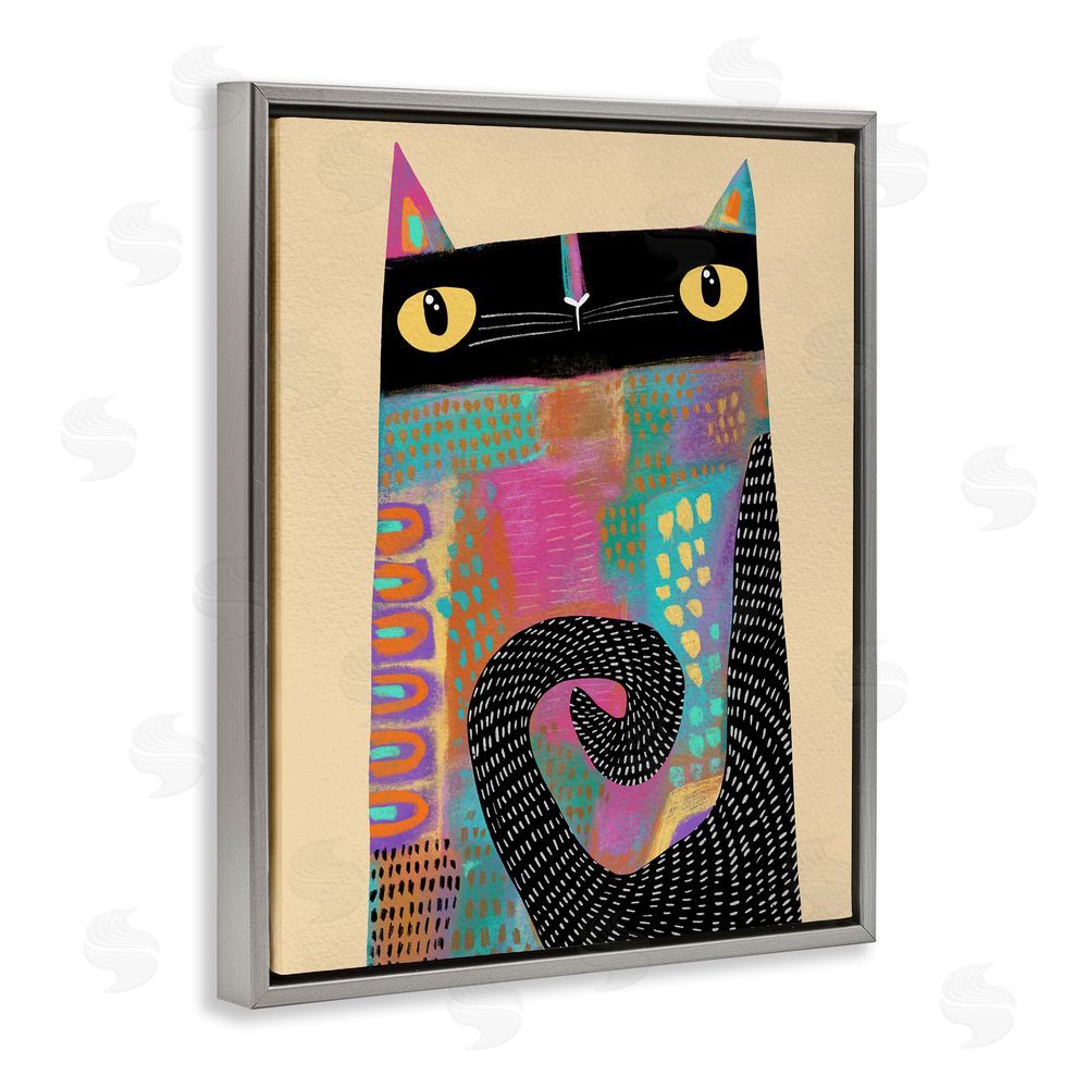 Gabriela Avila Stylized Colorful Cat Gray Floating Frame Canvas Wall Art Print