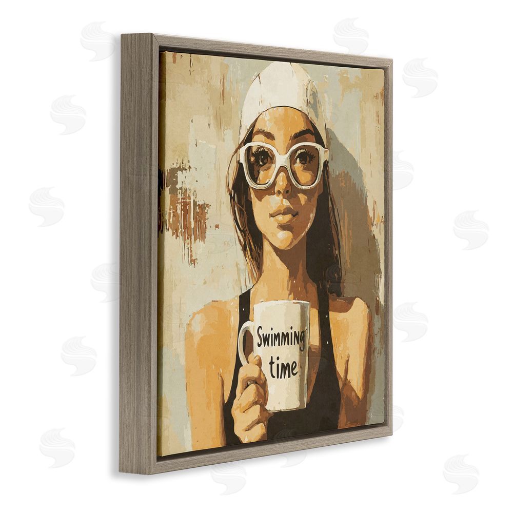 Layla Oz Swimming Mug Girl Brown Floating Frame Canvas Wall Art Print