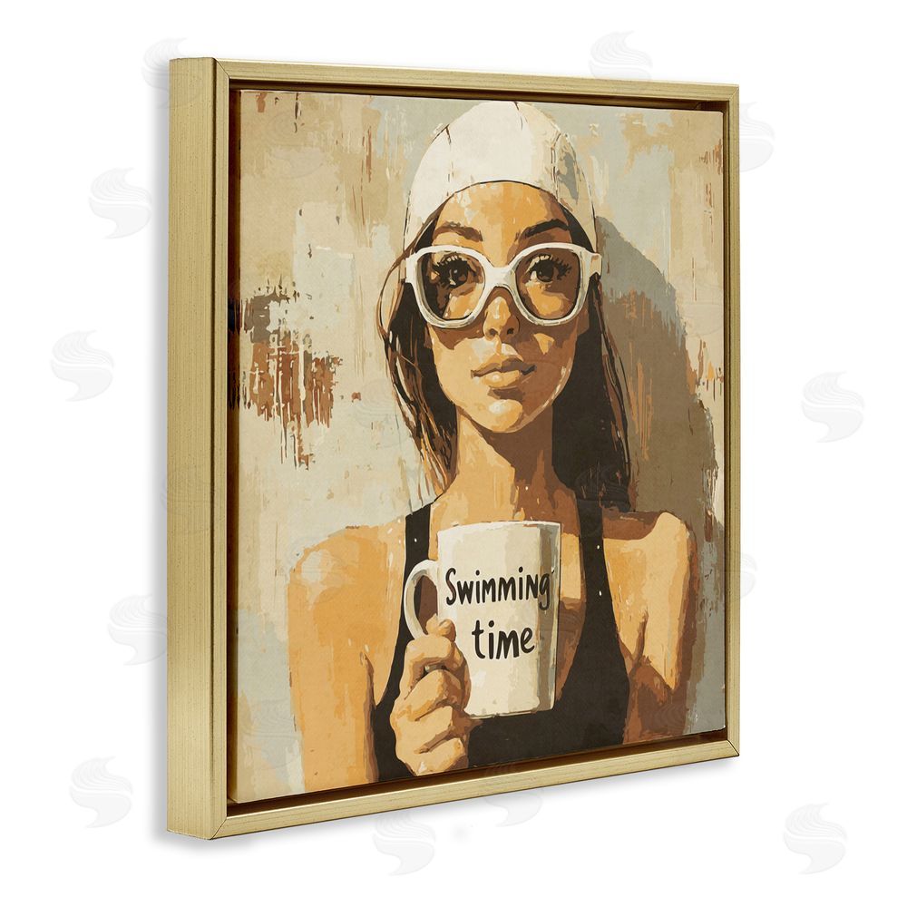 Layla Oz Swimming Mug Girl Gold Floating Frame Canvas Wall Art Print