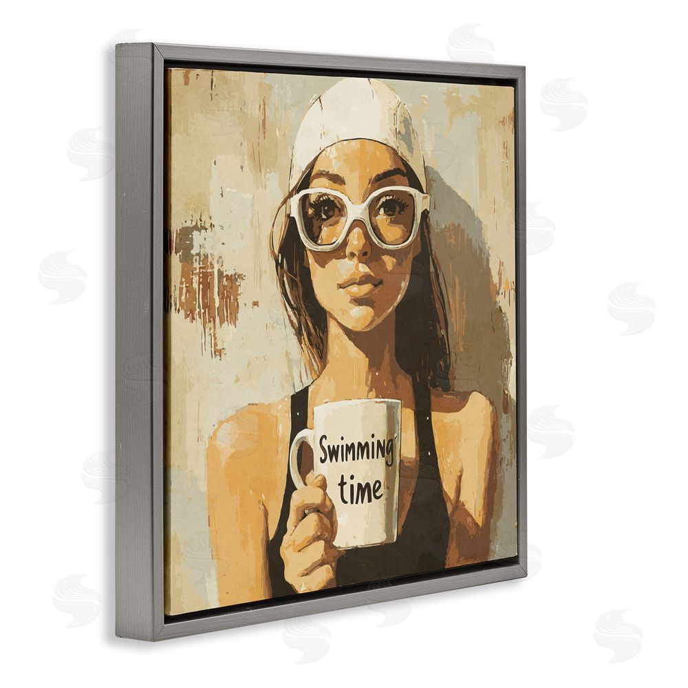Layla Oz Swimming Mug Girl Gray Floating Frame Canvas Wall Art Print