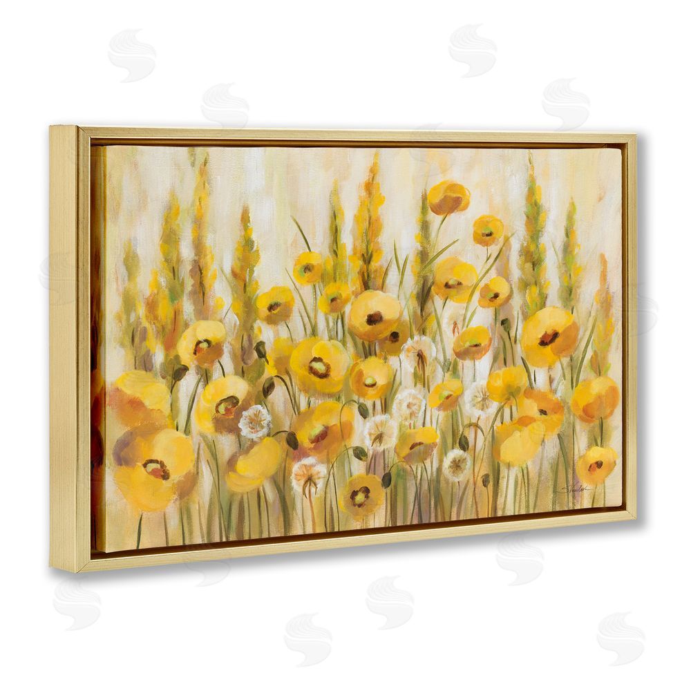 Silvia Vassileva Yellow Field of Poppies Gold Floating Frame Canvas Wall Art Print