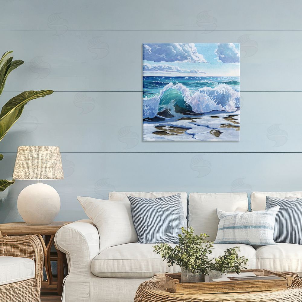 Kate Jarvik Birch Curling Aqua Wave on Shore Stretched Canvas Wall Art in Room