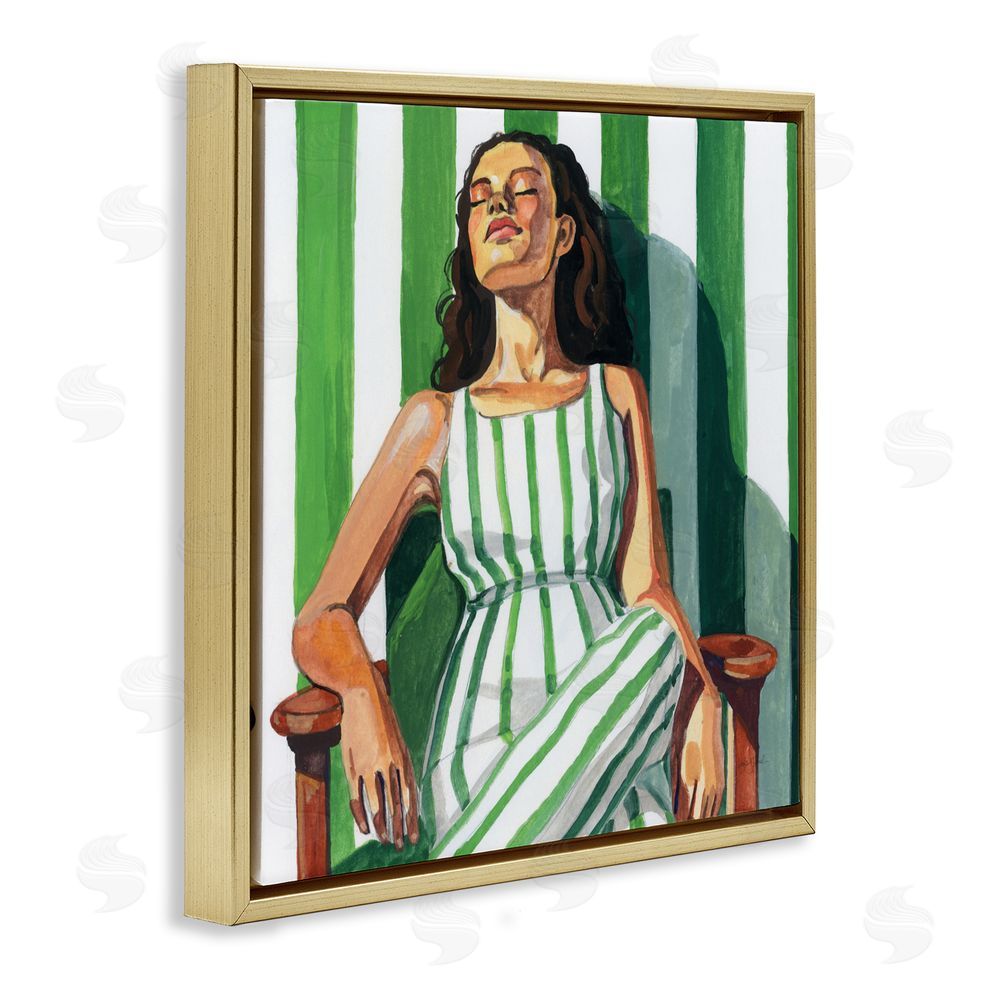 Kate Jarvik Birch Relaxing In A Striped Dress Gold Floating Frame Canvas Wall Art Print