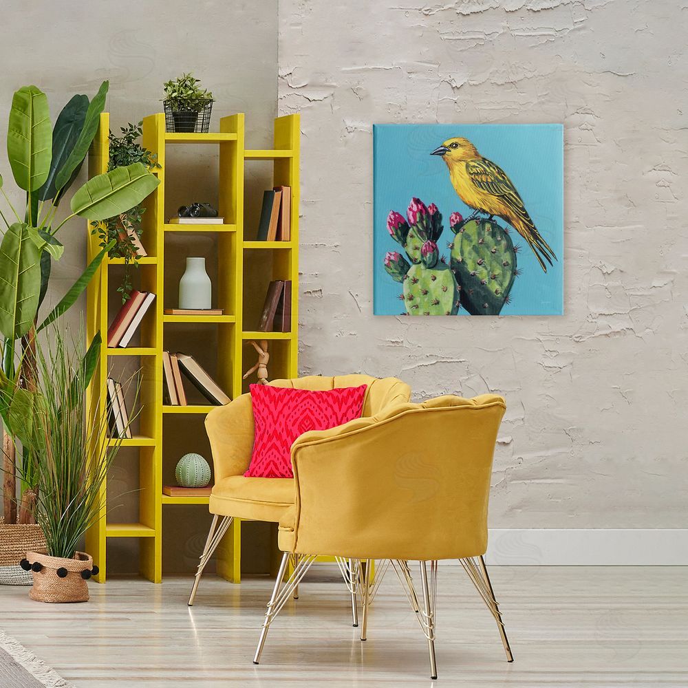 Kate Jarvik Birch Yellow Bird on Cacti Bloom Stretched Canvas Wall Art in Room