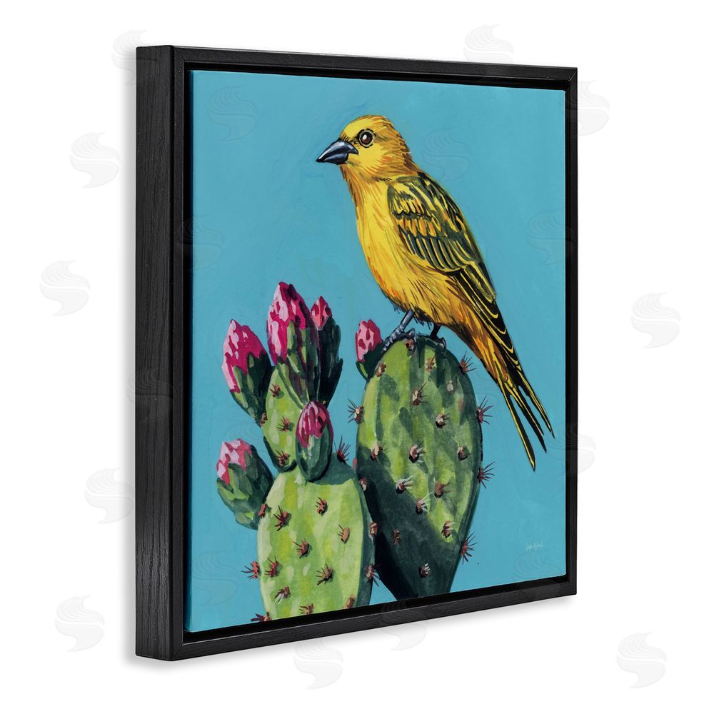 Kate Jarvik Birch Yellow Bird on Cacti Bloom Black Floating Frame Canvas Wall Art Print