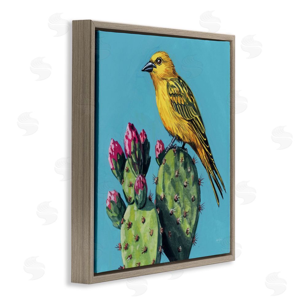Kate Jarvik Birch Yellow Bird on Cacti Bloom Brown Floating Frame Canvas Wall Art Print