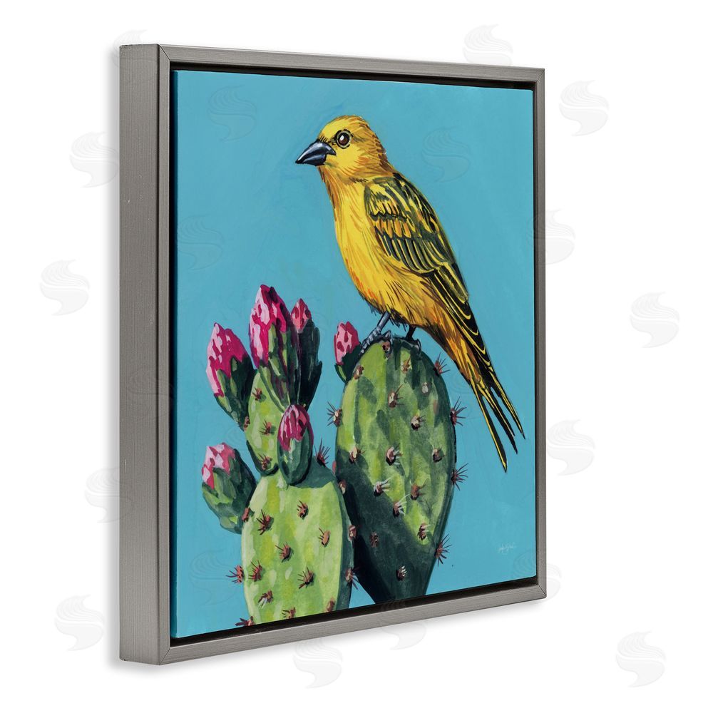 Kate Jarvik Birch Yellow Bird on Cacti Bloom Gray Floating Frame Canvas Wall Art Print