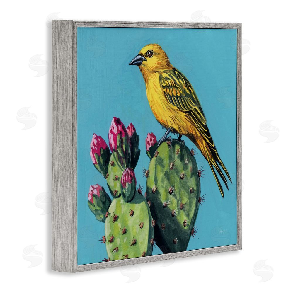 Kate Jarvik Birch Yellow Bird on Cacti Bloom Gray Framed Giclee Wall Art Print