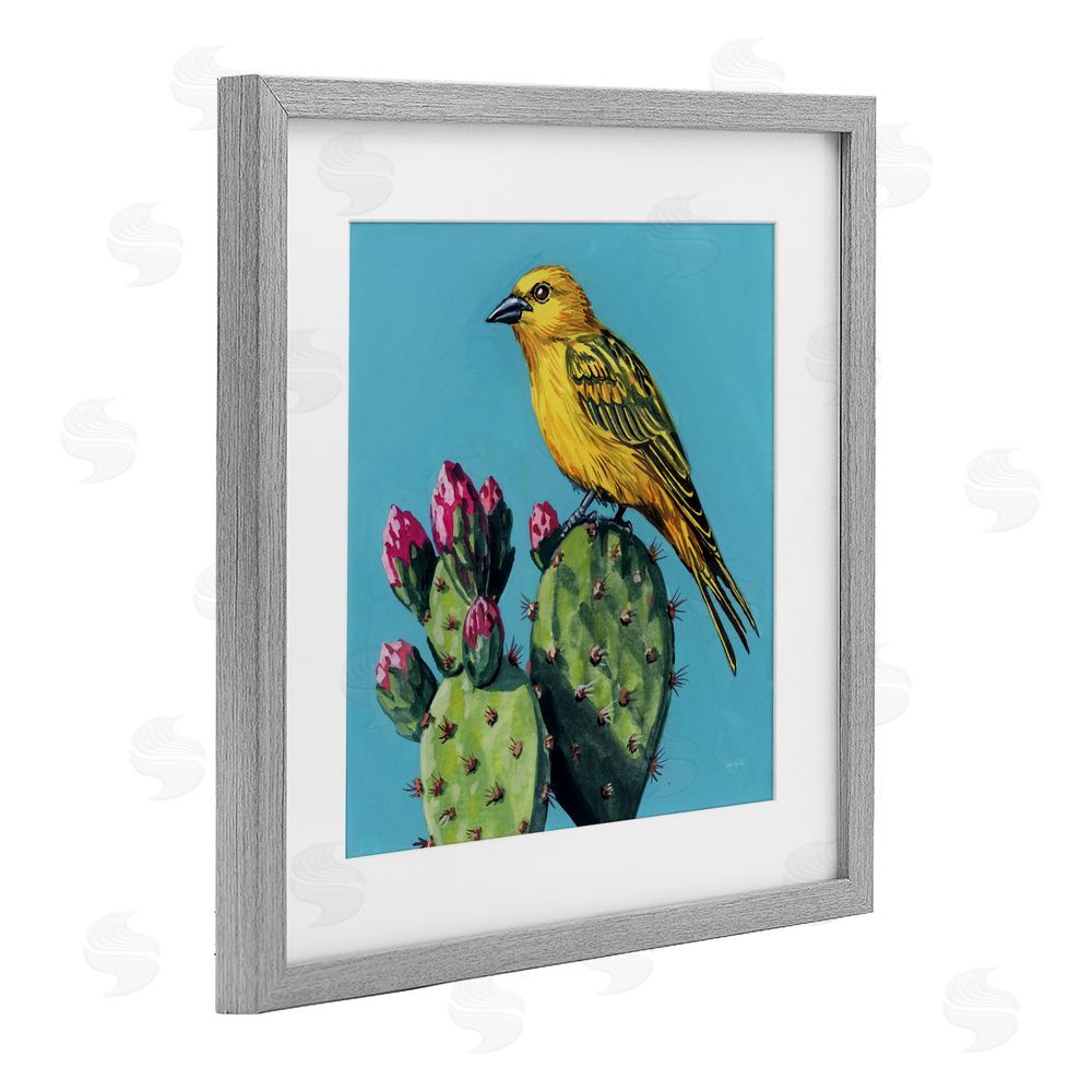 Kate Jarvik Birch Yellow Bird on Cacti Bloom Gray Framed Print Under Glass Wall Art