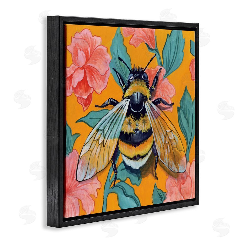 Kate Jarvik Birch Bumble Bee & Flower Pattern Black Floating Frame Canvas Wall Art Print