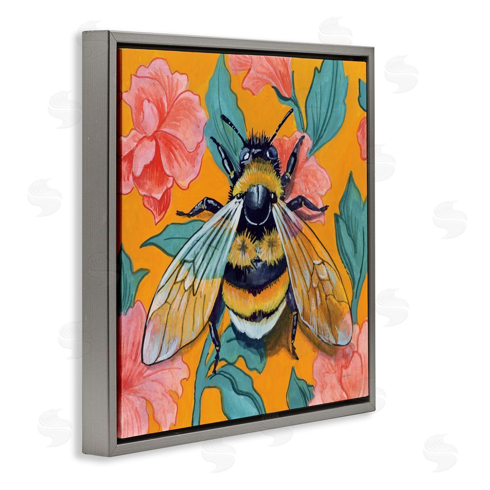 Kate Jarvik Birch Bumble Bee & Flower Pattern Gray Floating Frame Canvas Wall Art Print