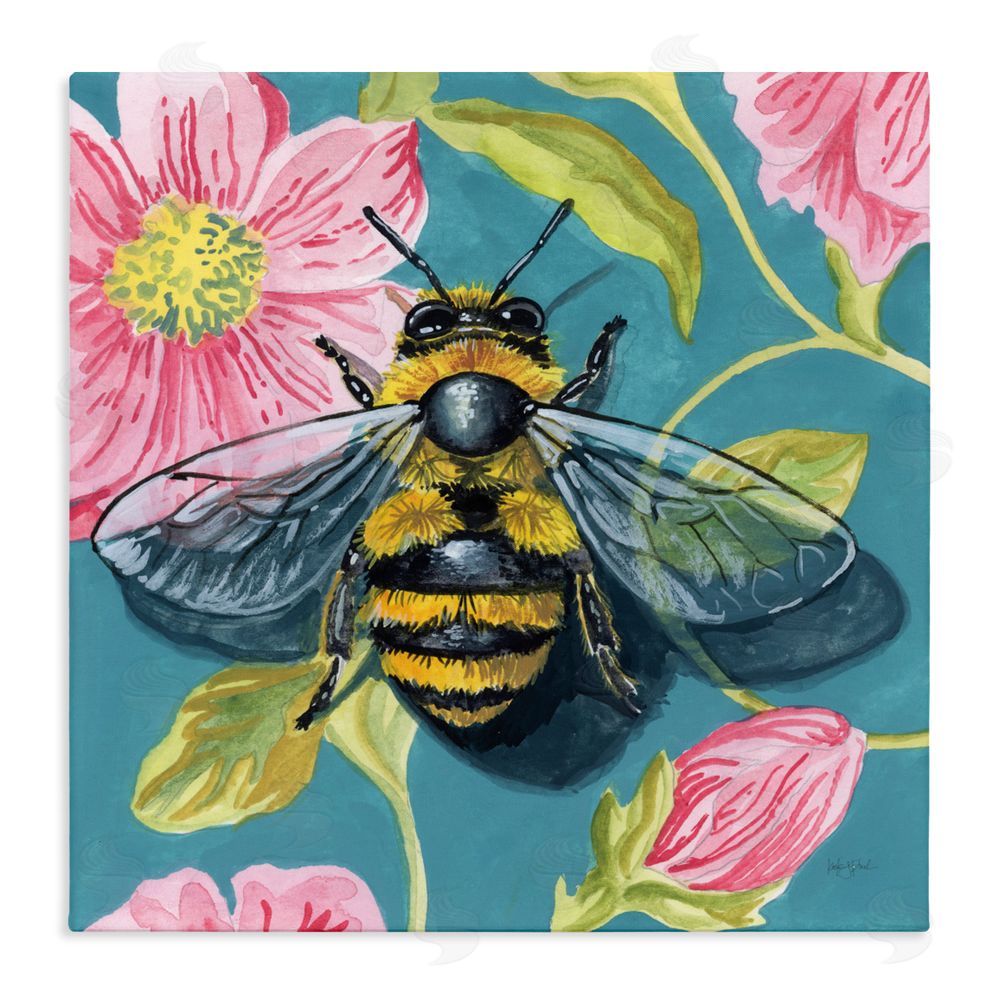 Kate Jarvik Birch Fuzzy Bee On Floral Pattern Stretched Canvas Wall Art Print