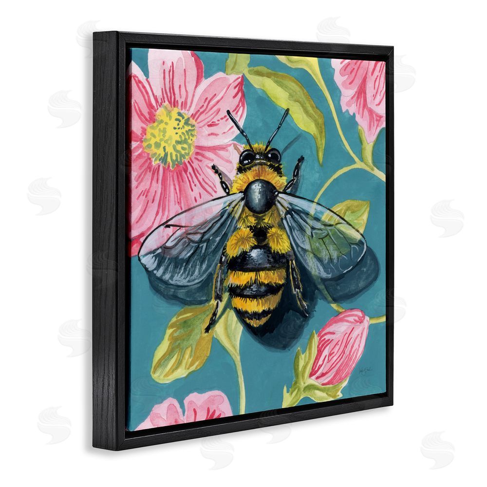 Kate Jarvik Birch Fuzzy Bee On Floral Pattern Black Floating Frame Canvas Wall Art Print