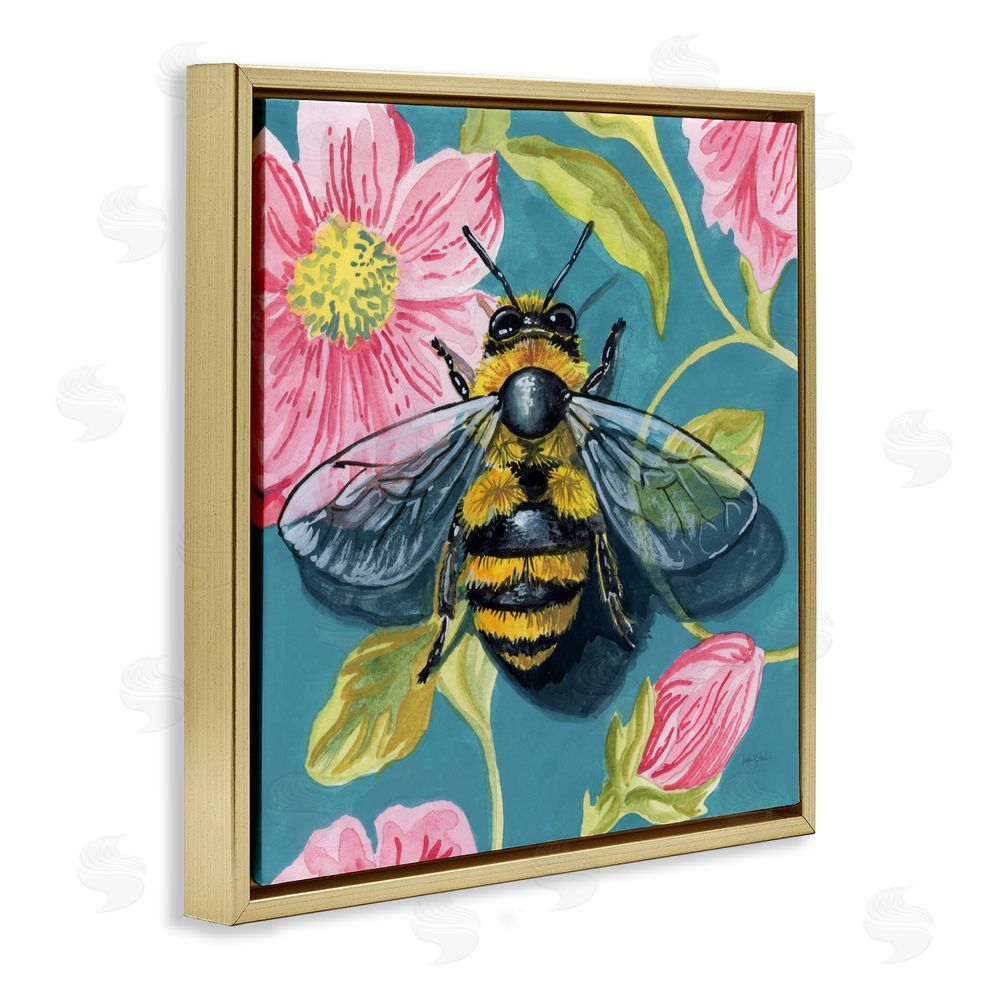 Kate Jarvik Birch Fuzzy Bee On Floral Pattern Gold Floating Frame Canvas Wall Art Print
