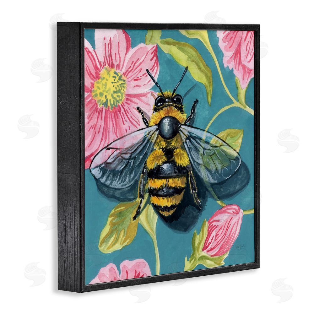 Kate Jarvik Birch Fuzzy Bee On Floral Pattern Black Framed Giclee Wall Art Print