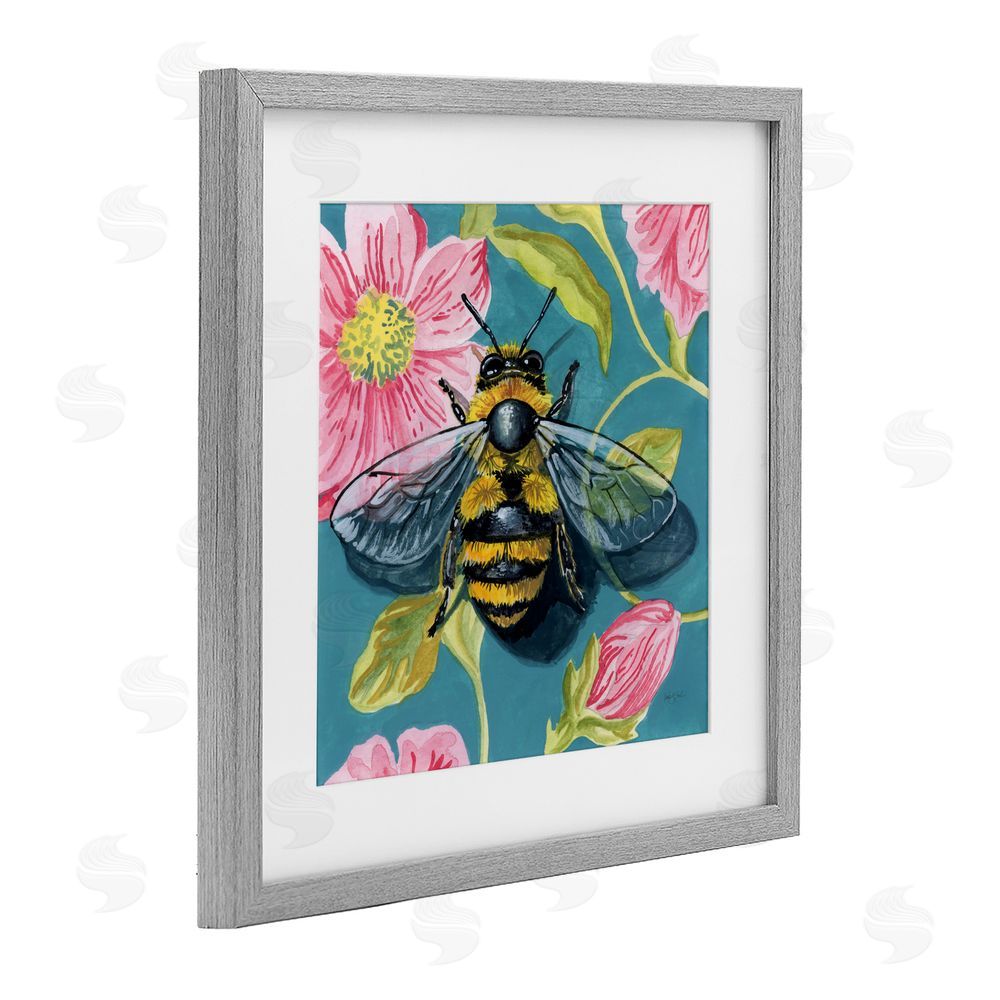 Kate Jarvik Birch Fuzzy Bee On Floral Pattern Gray Framed Print Under Glass Wall Art