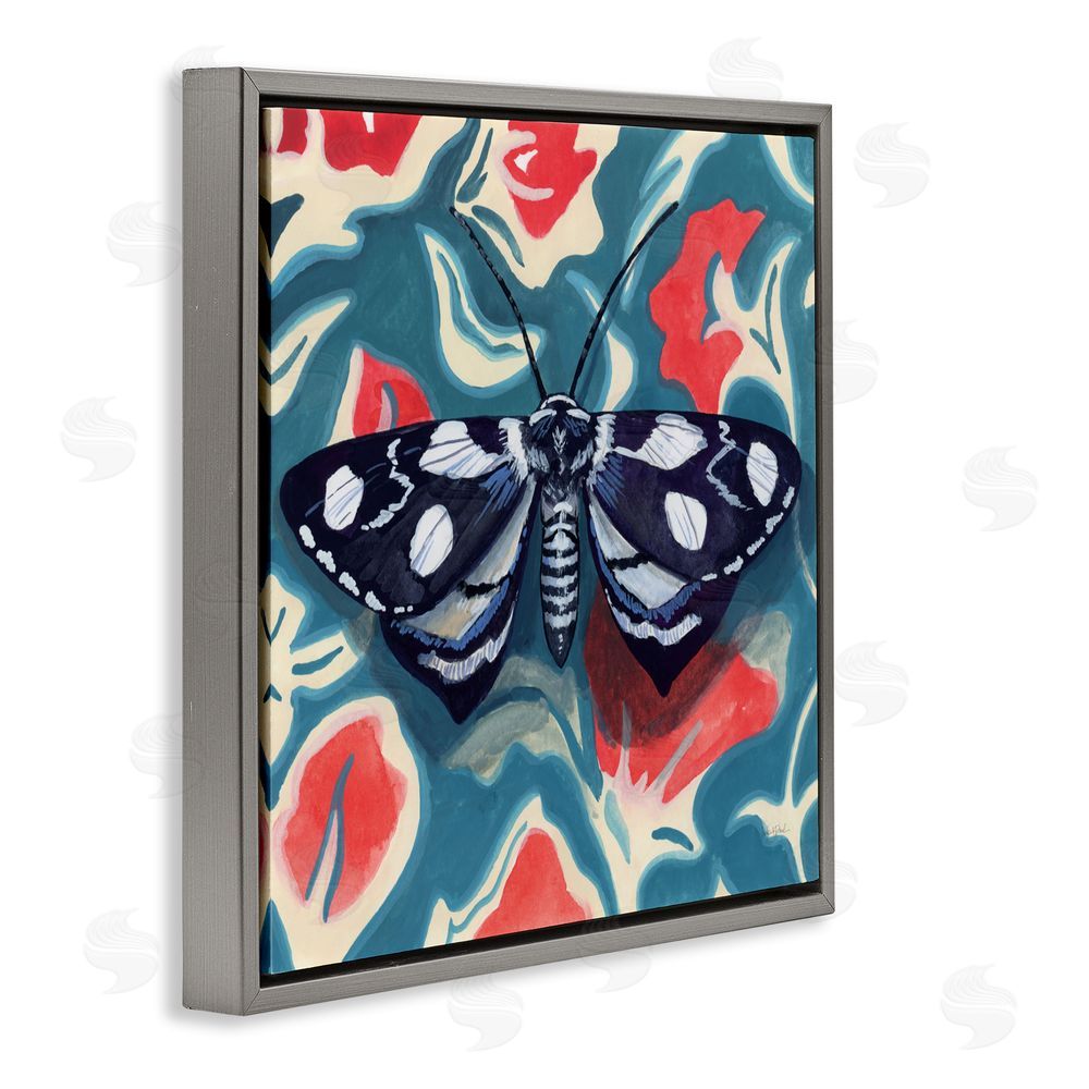 Kate Jarvik Birch Symmetrical Moth On Beautiful Flowers Gray Floating Frame Canvas Wall Art Print