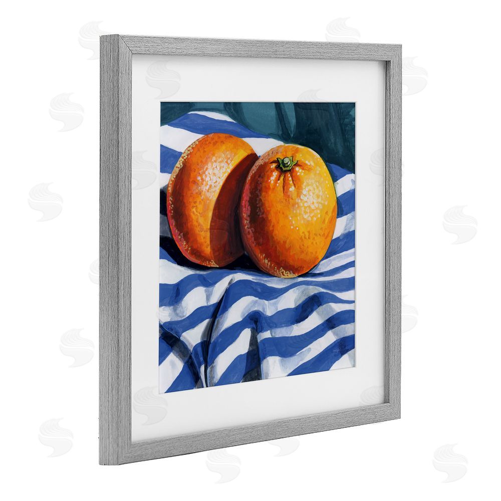 Kate Jarvik Birch Oranges On Striped Cloth Gray Framed Print Under Glass Wall Art