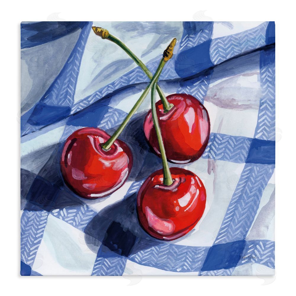 Kate Jarvik Birch Three Picnic Cherries on Gingham Stretched Canvas Wall Art Print
