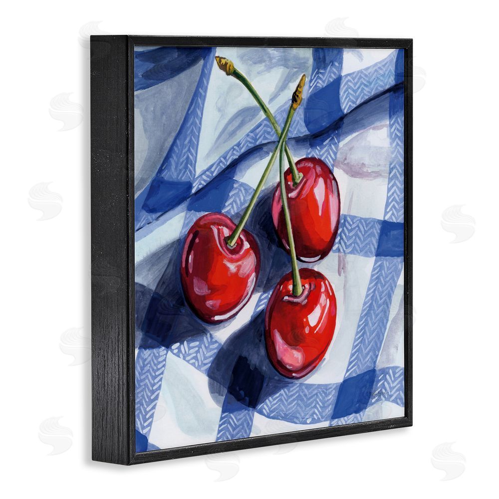 Kate Jarvik Birch Three Picnic Cherries on Gingham Black Framed Giclee Wall Art Print