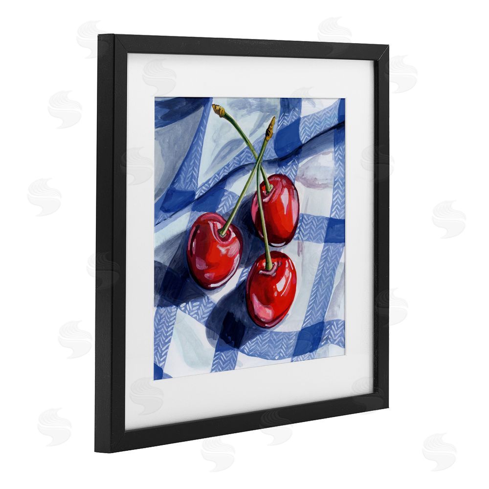 Kate Jarvik Birch Three Picnic Cherries on Gingham Black Framed Print Under Glass Wall Art