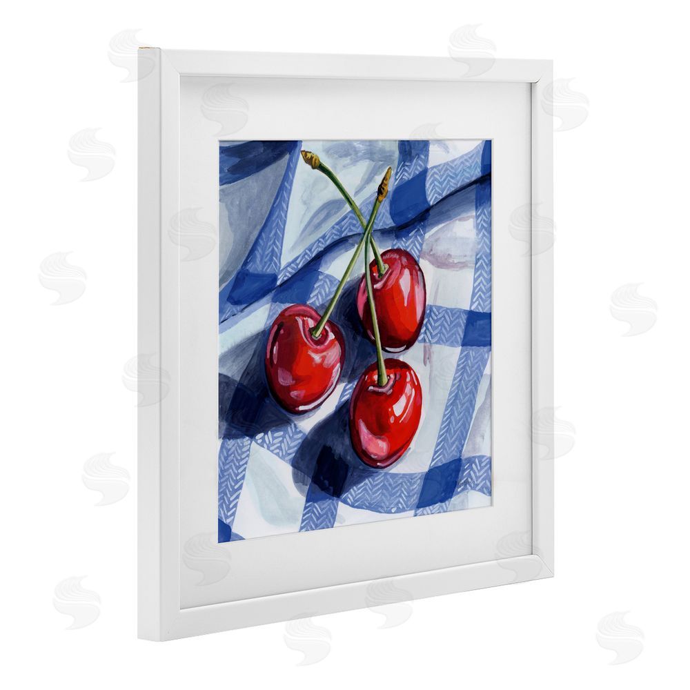 Kate Jarvik Birch Three Picnic Cherries on Gingham White Framed Print Under Glass Wall Art