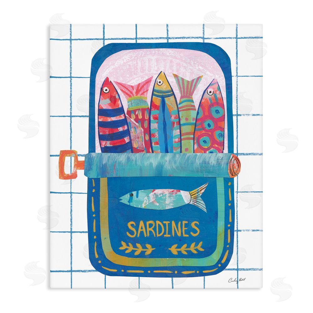 Courtney Prahl Silly Sardines Blue Tin Stretched Canvas Wall Art Print