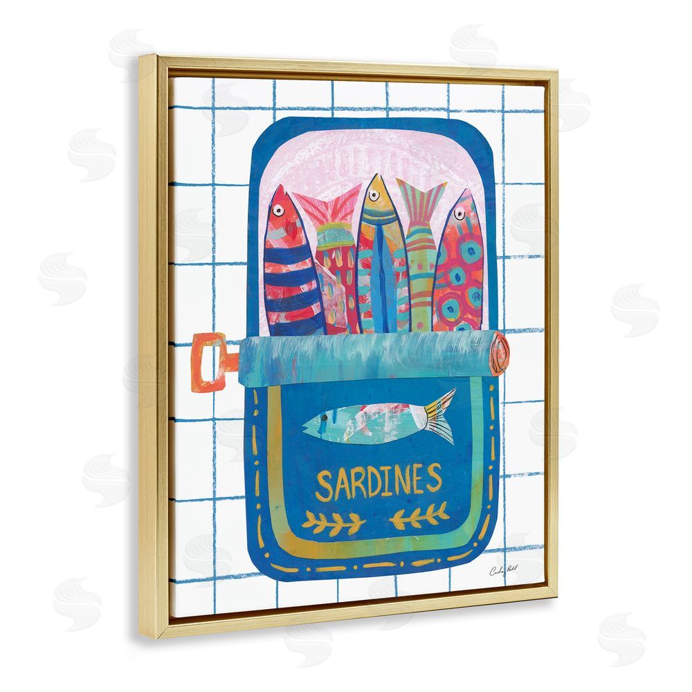 Courtney Prahl Silly Sardines Blue Tin Gold Floating Frame Canvas Wall Art Print
