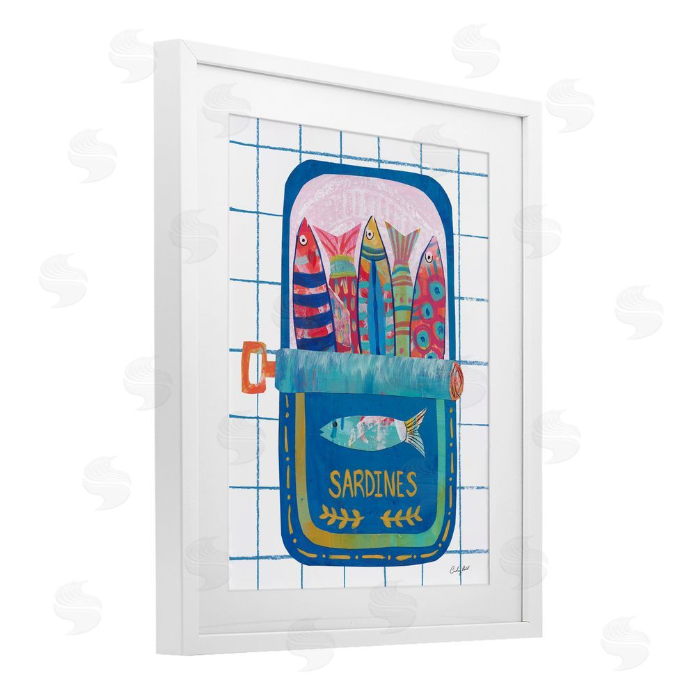 Courtney Prahl Silly Sardines Blue Tin White Framed Print Under Glass Wall Art