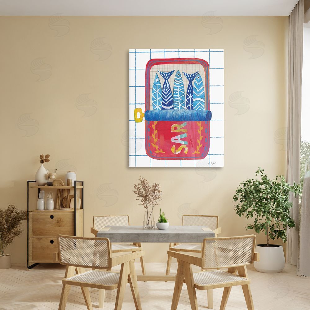 Courtney Prahl Silly Sardines Red Tin Stretched Canvas Wall Art in Room