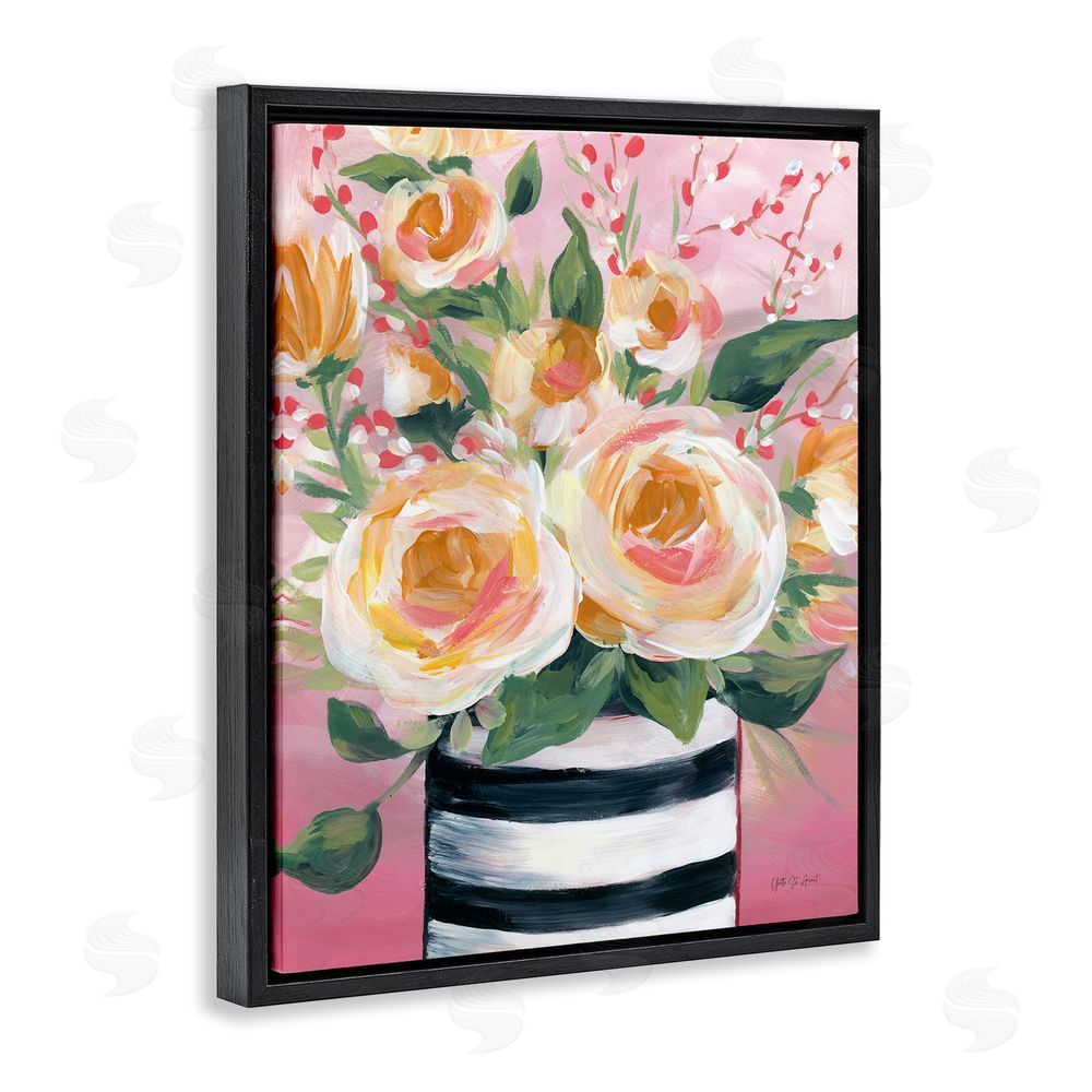 Yvette St. Amant Spring Blooms in Striped Vase Black Floating Frame Canvas Wall Art Print