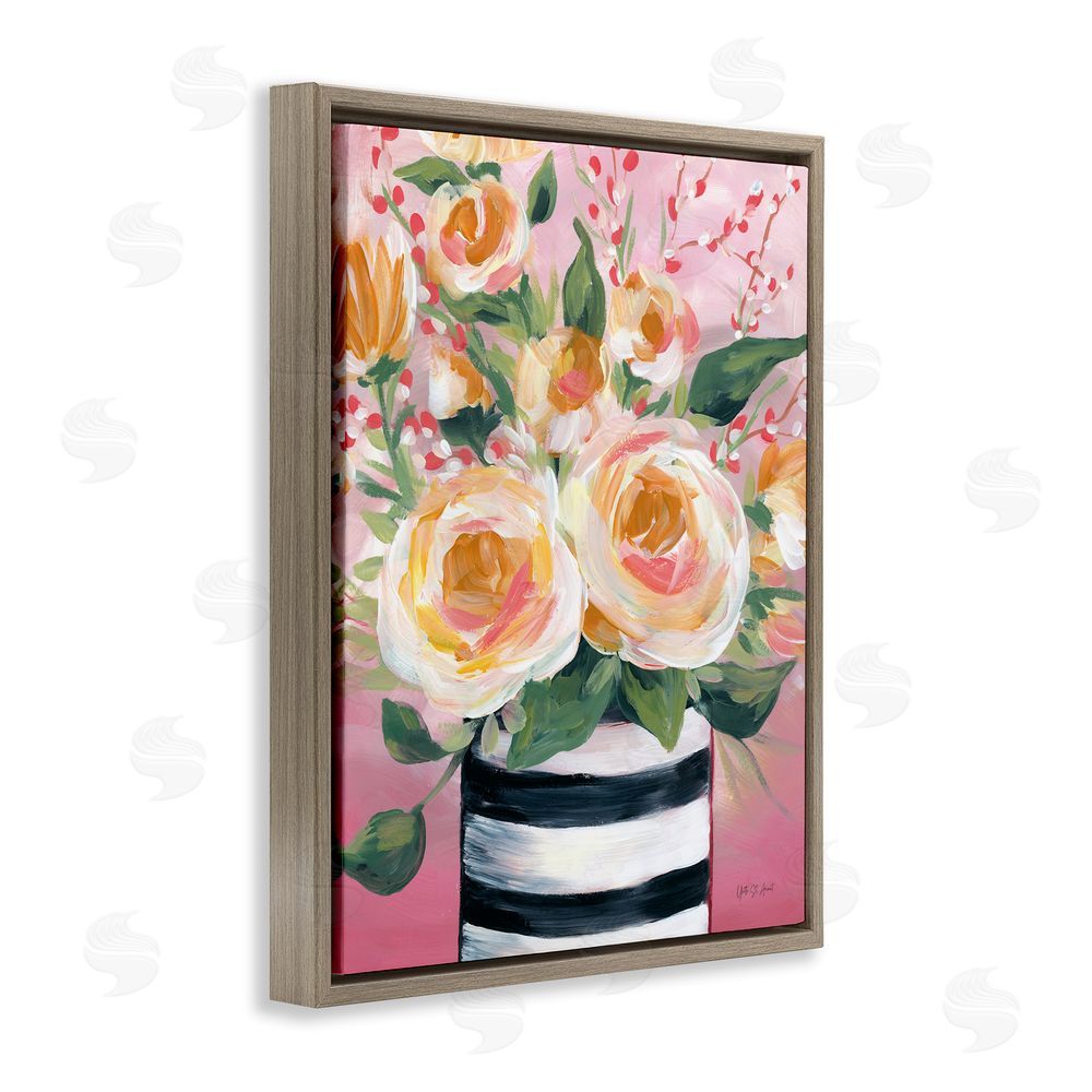 Yvette St. Amant Spring Blooms in Striped Vase Brown Floating Frame Canvas Wall Art Print