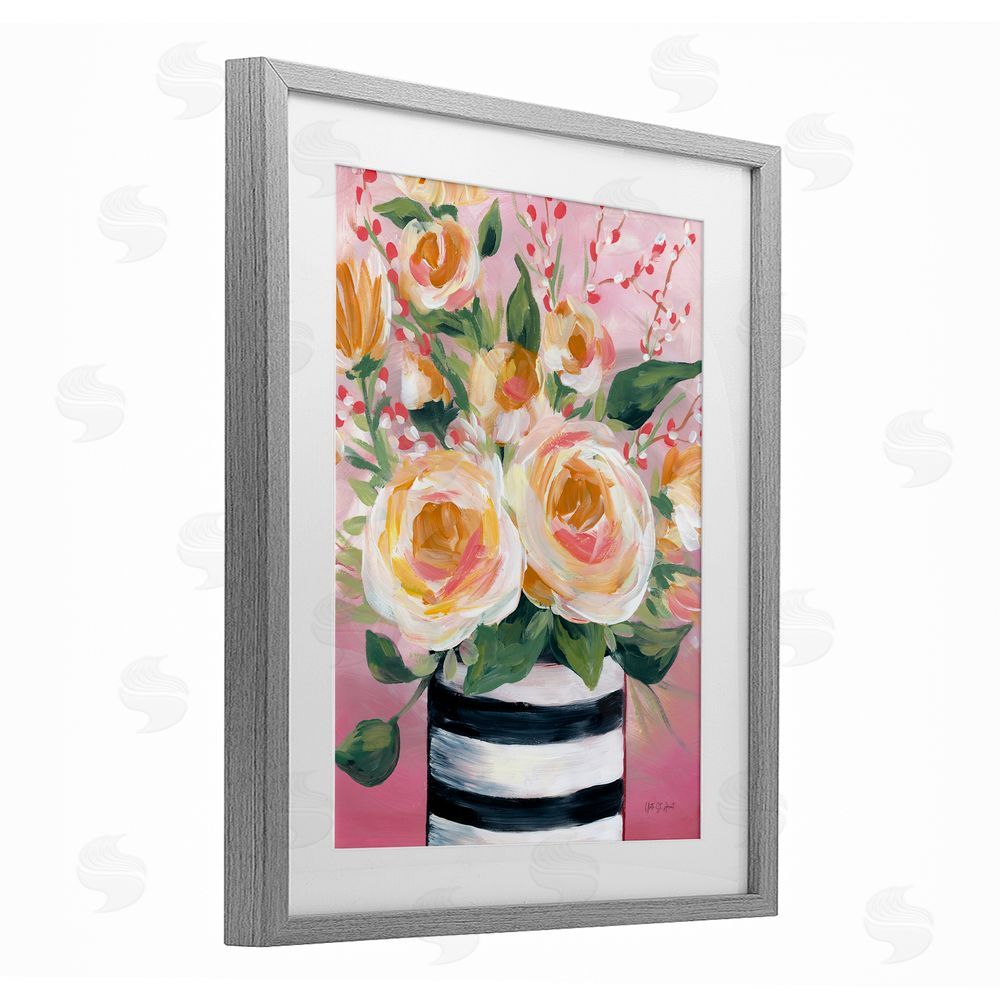 Yvette St. Amant Spring Blooms in Striped Vase Gray Framed Print Under Glass Wall Art